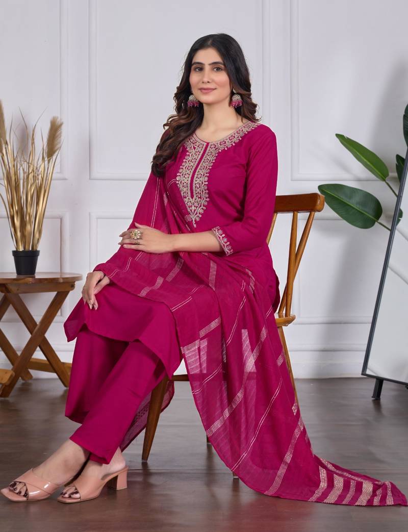 magenta rayon embroidered kurta sets