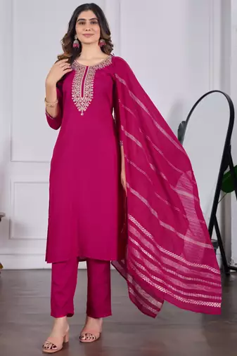 magenta rayon embroidered kurta sets