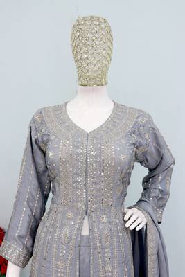 Lavender color chinnon silk heavy embroidery work party wear long gown 2