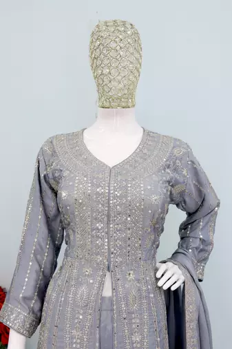 Lavender color chinnon silk heavy embroidery work party wear long gown