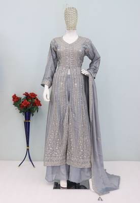 Lavender color chinnon silk heavy embroidery work party wear long gown 3
