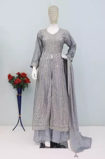 Lavender color chinnon silk heavy embroidery work party wear long gown