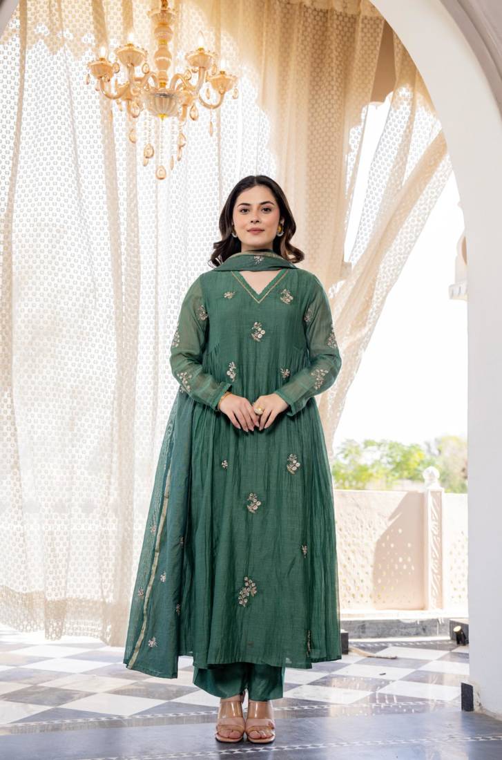 dark green chanderi silk embroidered kurta sets