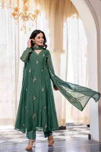 dark green chanderi silk embroidered kurta sets