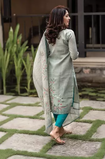 green cotton blend printed kurta sets