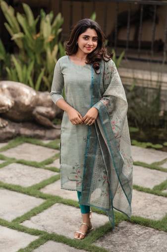 green cotton blend printed kurta sets