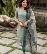 green cotton blend printed kurta sets