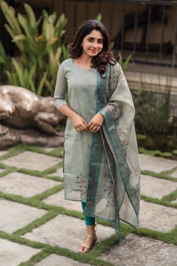 green cotton blend printed kurta sets