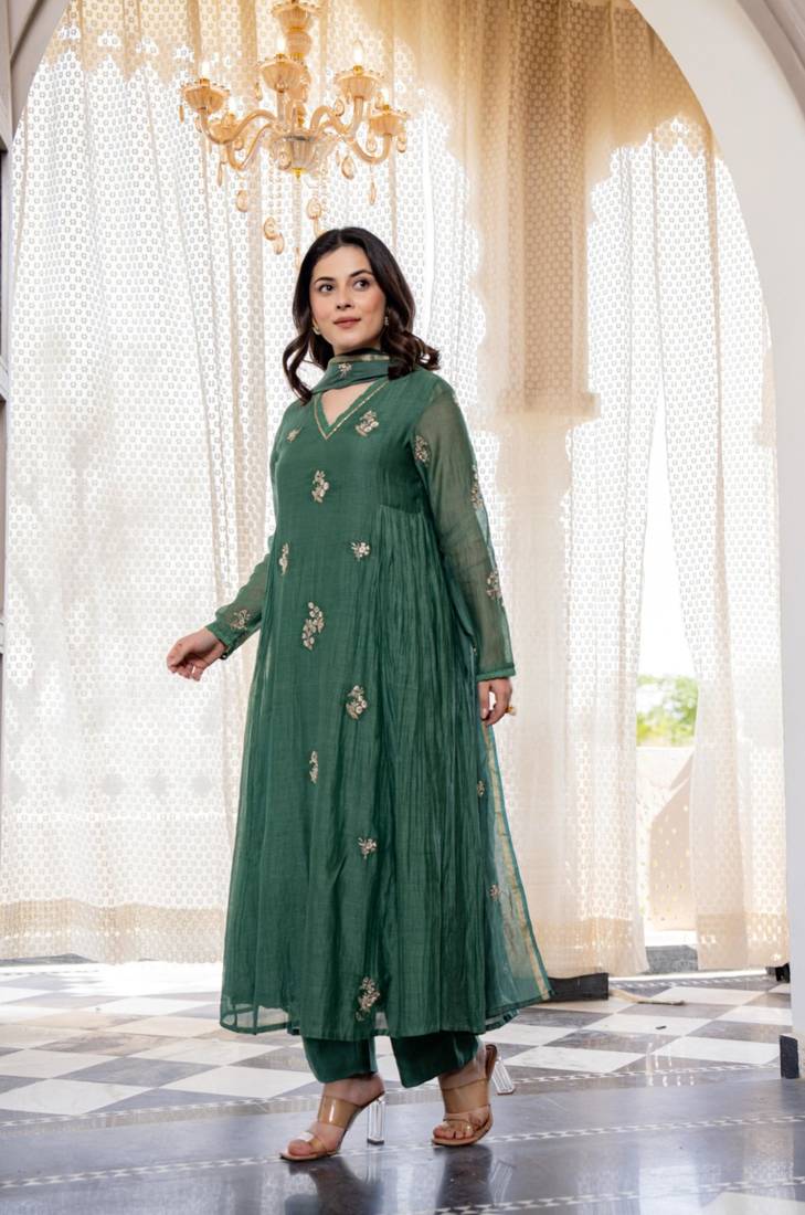 dark green chanderi silk embroidered kurta sets
