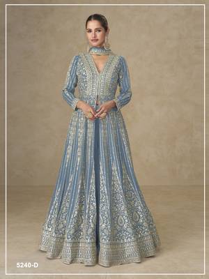 Blue color chinnon silk heavy embroidery work party wear long gown 1