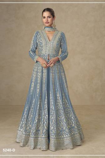 Blue color chinnon silk heavy embroidery work party wear long gown