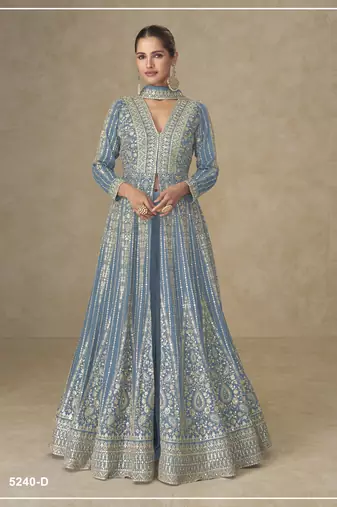 Blue color chinnon silk heavy embroidery work party wear long gown