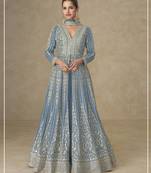 Blue color chinnon silk heavy embroidery work party wear long gown
