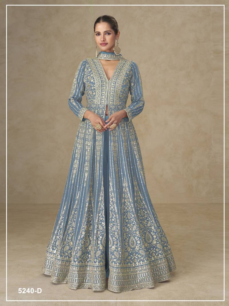 Blue color chinnon silk heavy embroidery work party wear long gown