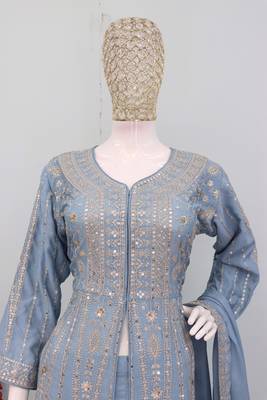 Blue color chinnon silk heavy embroidery work party wear long gown 2