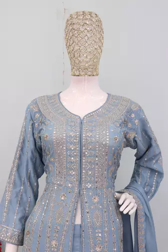 Blue color chinnon silk heavy embroidery work party wear long gown