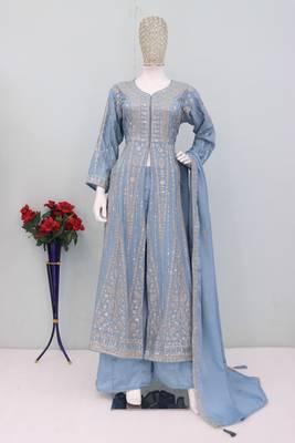 Blue color chinnon silk heavy embroidery work party wear long gown 3