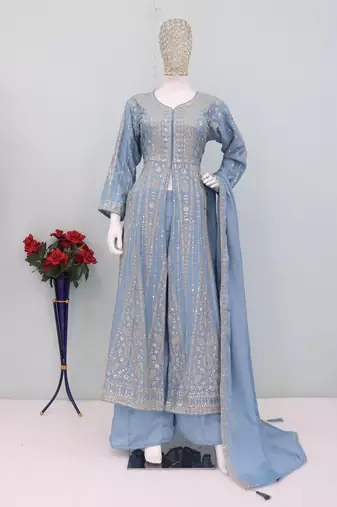 Blue color chinnon silk heavy embroidery work party wear long gown
