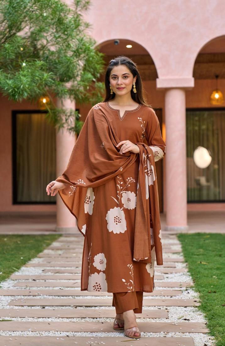 brown muslin embroidered kurta sets
