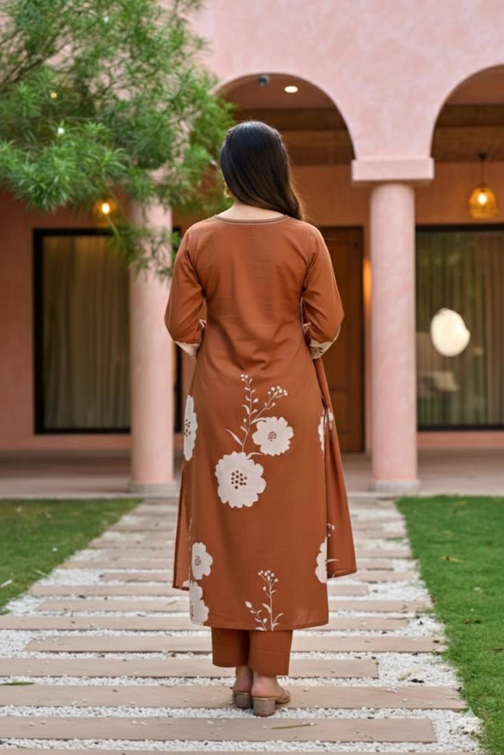 brown muslin embroidered kurta sets