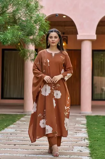 brown muslin embroidered kurta sets