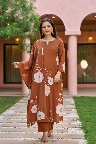 brown muslin embroidered kurta sets