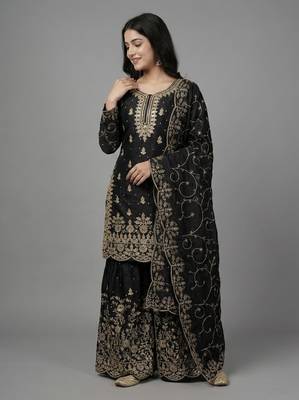 Black color gymmi silk embroidery work wedding wear sharara set 1