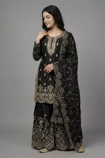 Black color gymmi silk embroidery work wedding wear sharara set