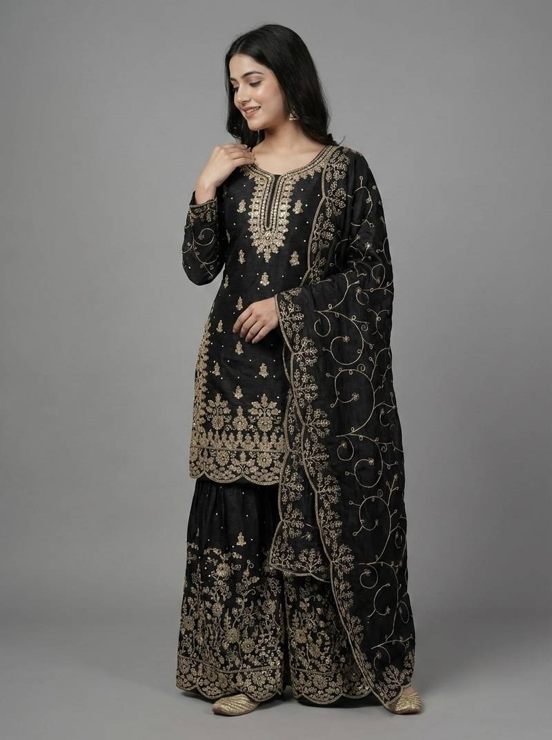Black color gymmi silk embroidery work wedding wear sharara set