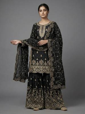Black color gymmi silk embroidery work wedding wear sharara set 2