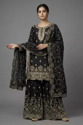 Black color gymmi silk embroidery work wedding wear sharara set