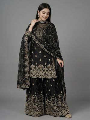 Black color gymmi silk embroidery work wedding wear sharara set 3