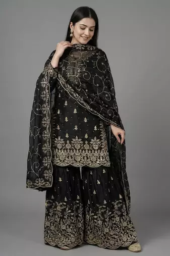 Black color gymmi silk embroidery work wedding wear sharara set