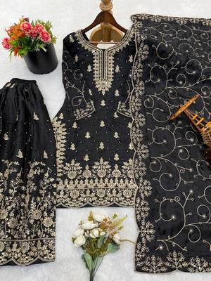 Black color gymmi silk embroidery work wedding wear sharara set 4