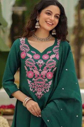 dark green viscose rayon embroidered kurta sets