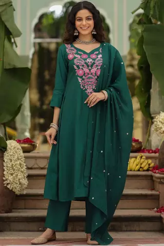 dark green viscose rayon embroidered kurta sets