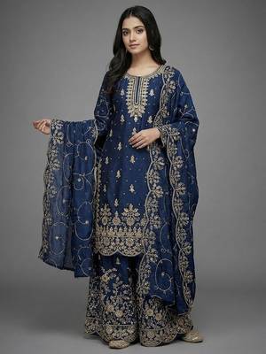 Blue color gymmi silk embroidery work wedding wear sharara set 1