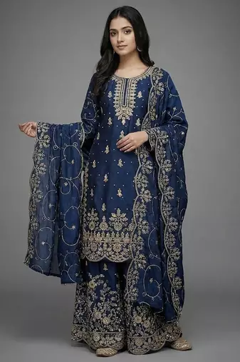Blue color gymmi silk embroidery work wedding wear sharara set
