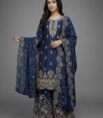 Blue color gymmi silk embroidery work wedding wear sharara set