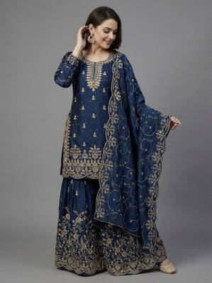 Blue color gymmi silk embroidery work wedding wear sharara set 2
