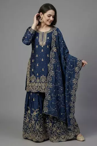 Blue color gymmi silk embroidery work wedding wear sharara set