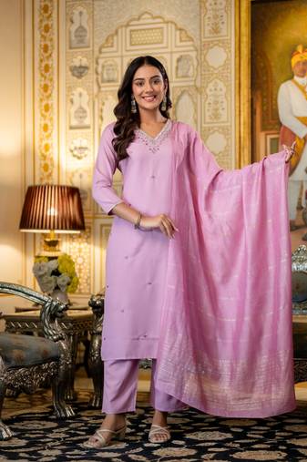 lavender viscose rayon embroidered kurta sets