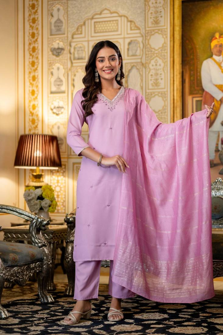 lavender viscose rayon embroidered kurta sets