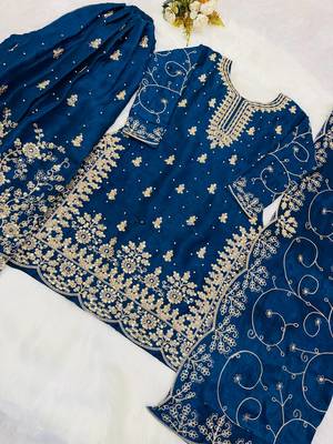 Blue color gymmi silk embroidery work wedding wear sharara set 3