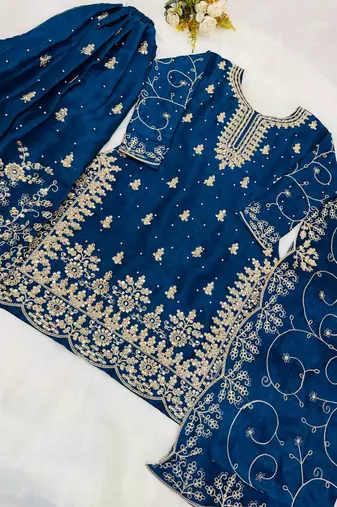 Blue color gymmi silk embroidery work wedding wear sharara set