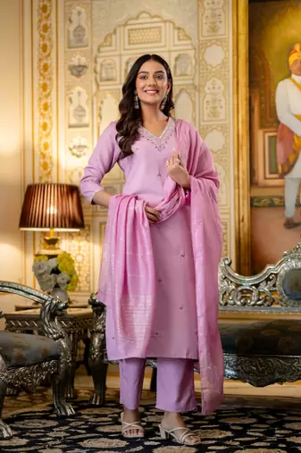 lavender viscose rayon embroidered kurta sets