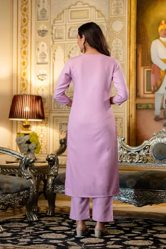 lavender viscose rayon embroidered kurta sets