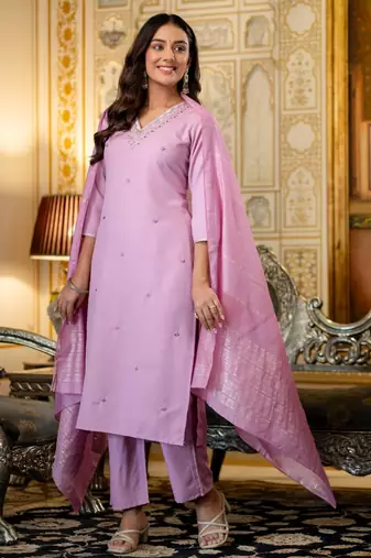 lavender viscose rayon embroidered kurta sets