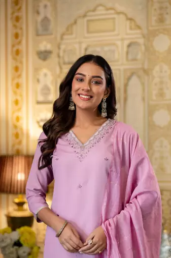 lavender viscose rayon embroidered kurta sets