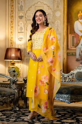 yellow viscose rayon embroidered kurta sets 2